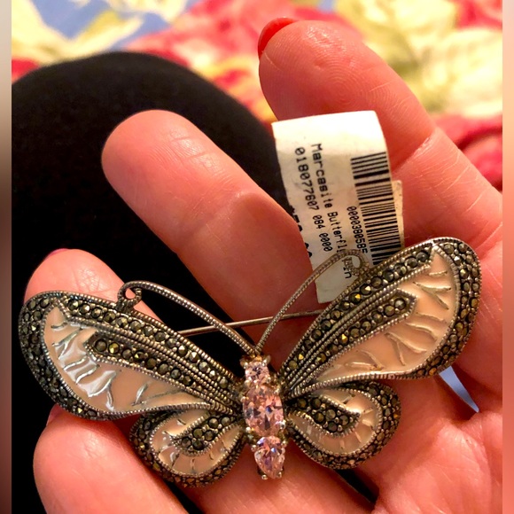 marcasite Jewelry - Marcasite and silver 925 butterfly pin with pink enamel.